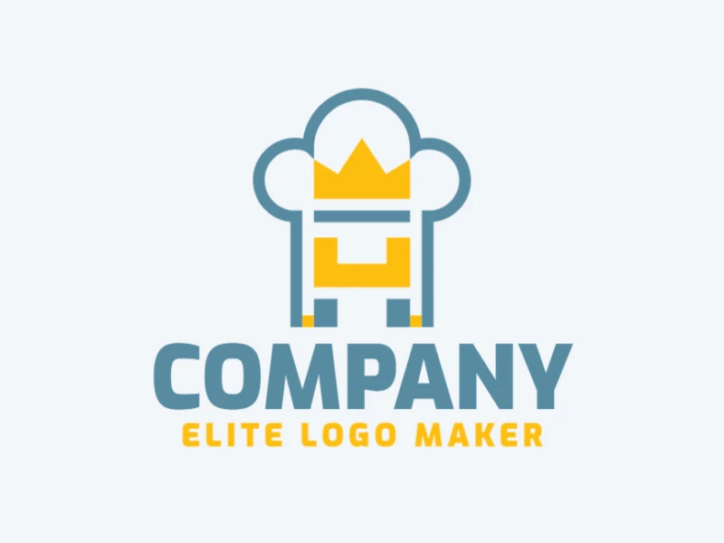 Minimalist logo in the shape of chef hat combined with crown and throne with blue and yellow colors.