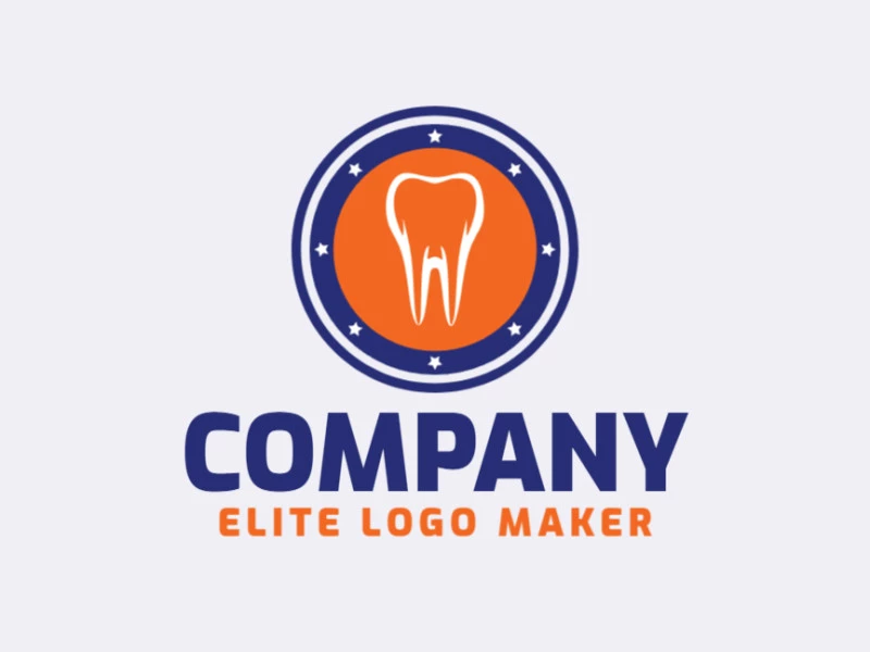 Circular logo with solid shapes forming an tooth with a refined design with blue, orange, and white colors.