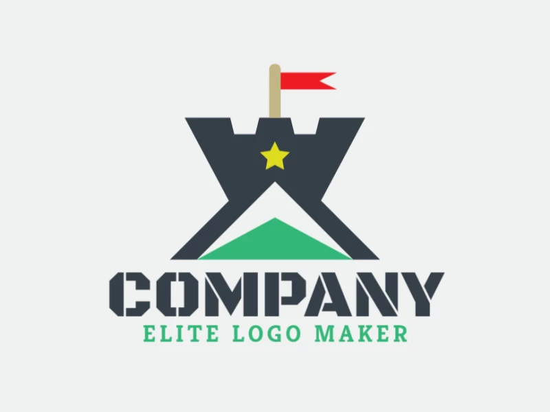 Stylized logo design in the shape of a tower combined with a star and an arrow with green, yellow and dark gray colors.