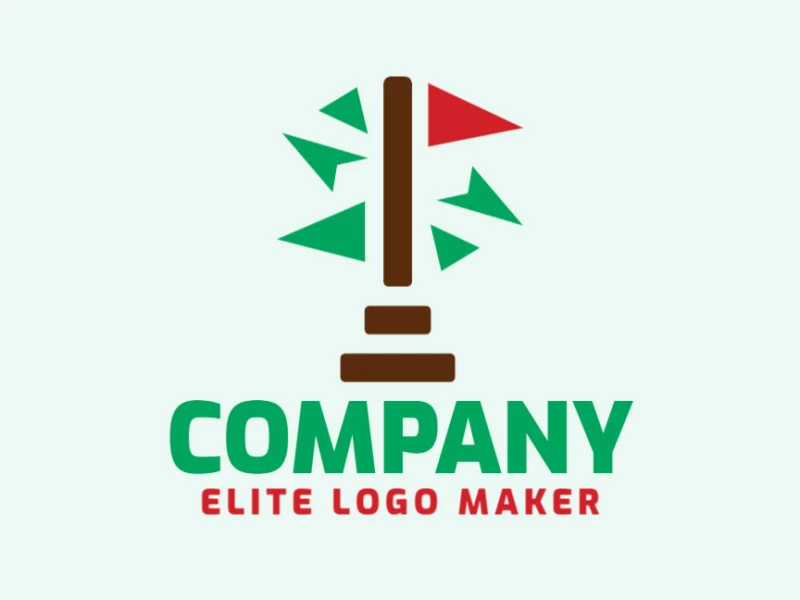 Abstract logo design with the shape of a tree and a flag composed of abstracts shapes with brown, green, and red colors.