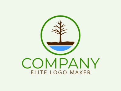 Create a logo for your company in the shape of a tree without leaves with a minimalist style with blue, dark brown, and dark green colors.