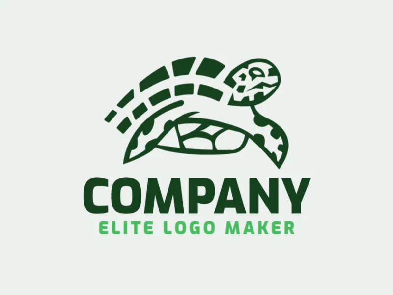 Abstract logo design in the shape of a turtle composed of simples shapes with green colors.