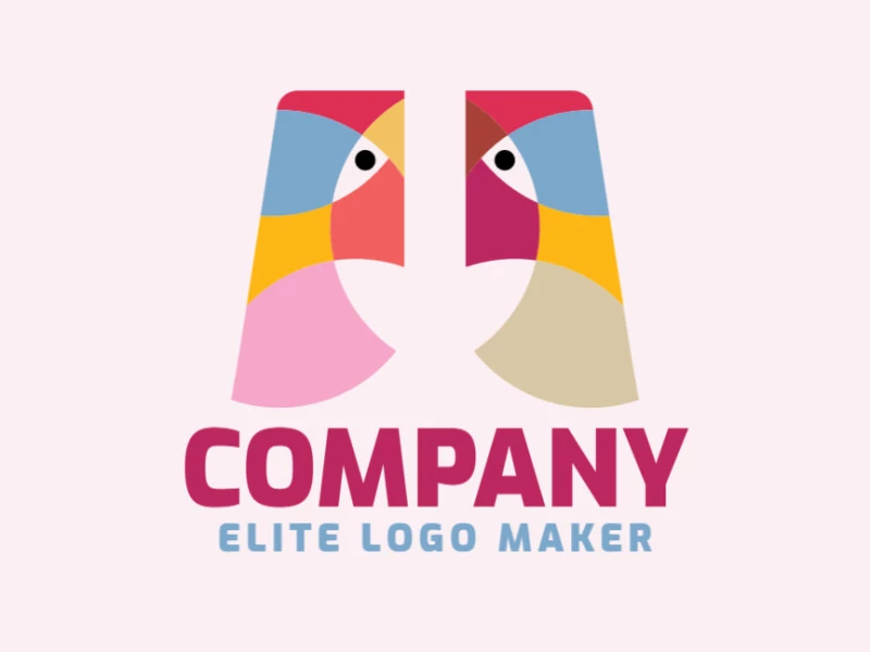 Animal logo design in the shape of two birds composed of colorful shapes with yellow, pink, blue, and orange colors.