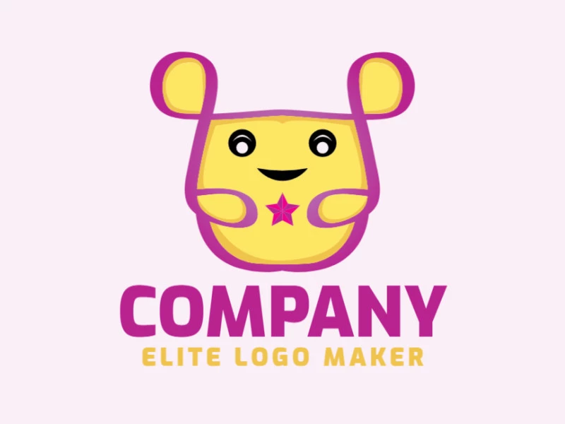 Cartoon logo design in the shape of a hamster composed of abstracts shapes with black, pink, and yellow colors.