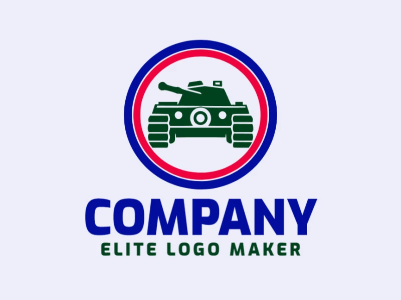 Logo is available for sale in the shape of a war tank with abstract style with red, dark blue, and dark green colors.