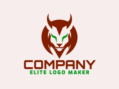 Logo available for sale in the shape of a wild cat with a symmetric style with dark brown and dark green colors.