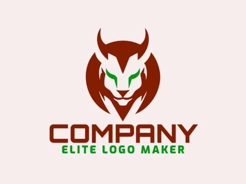 Logo available for sale in the shape of a wild cat with a symmetric style with dark brown and dark green colors.