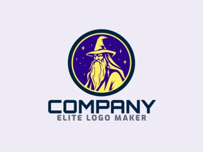 Customizable logo in the shape of a wizard with an illustrative style, the colors used were dark blue and dark yellow.