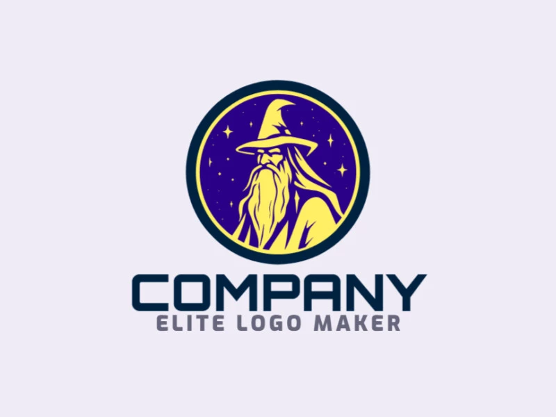 Customizable logo in the shape of a wizard with an illustrative style, the colors used were dark blue and dark yellow.