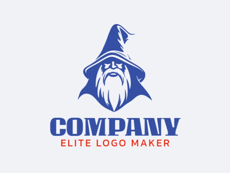 A logo is available for sale in the shape of a wizard with a pictorial design and dark blue color.