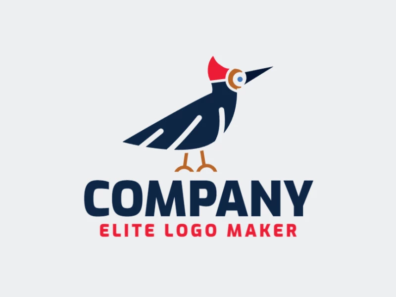 Customizable logo consisting of solid shapes and childlike style, forming a woodpecker with brown, black, blue, and red colors.