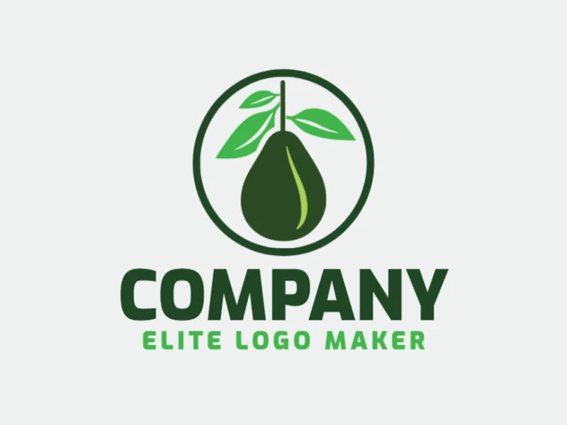 Logotipo minimalista con un diseño refinado que forma un aguacate  combinado con hojas, con el color verde.