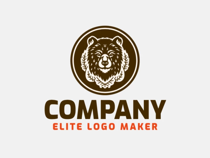 Logotipo circular con formas sólidas que forman un oso combinado con hojas con un diseño refinado y colores marrón y beige.