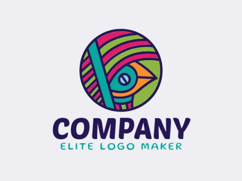 Logotipo personalizable compuesto de formas sólidas y estilo circular formando un pájaro en colores verde, azul, naranja, y rosa.