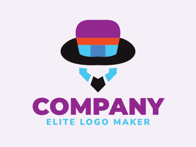 Logotipo simple compuesto de formas abstractas que forman un sombrero combinado con un pájaro en colores azul, violeta, negro, y naranja.