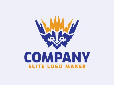 Logotipo creativo en forma de un pájaro combinado con una corona, con un diseño memorable y un estilo abstracto, los colores utilizados son azul y amarillo.