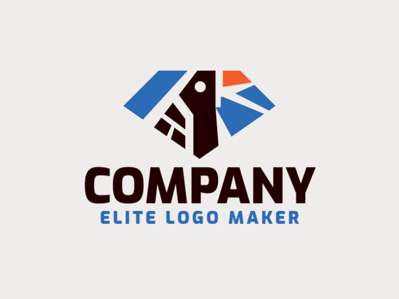 Logotipo personalizable compuesto de formas sólidas y estilo abstracto formando un pájaro combinado con un diamante en colores azul, marrón, y naranja.