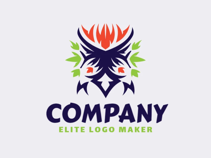 Logotipo simétrico creado con formas abstractas que forman un pájaro combinado con hojas en colores verde, azul, y naranja.