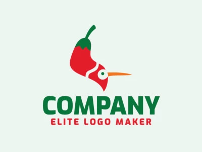 Logotipo creativo en forma de un pájaro combinado con una pimienta con un diseño memorable y un estilo infantil, los colores utilizados son verde, naranja, y rojo.