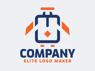 Logotipo simétrico con formas sólidas que forman un pájaro combinado con una maleta con un diseño refinado y colores azul y naranja.