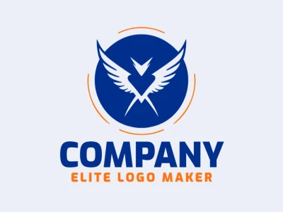 Un logotipo profesional en forma de pájaro salvaje con un estilo minimalista, en colores naranja y azul oscuro.