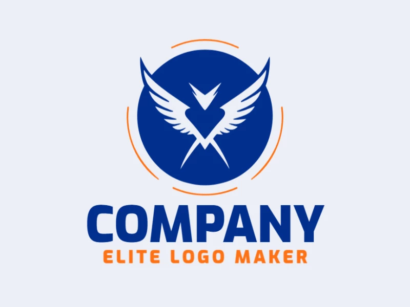 Un logotipo profesional en forma de pájaro salvaje con un estilo minimalista, en colores naranja y azul oscuro.