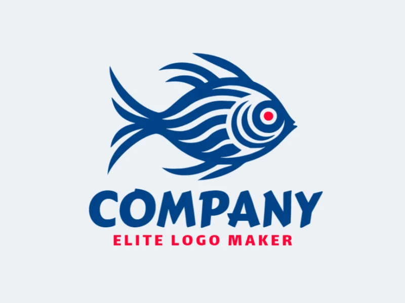 Logotipo personalizable en forma de un pez azul compuesto por un estilo simple y colores naranja y azul oscuro.