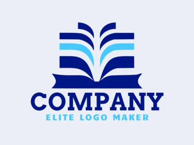 Logotipo disponible para venta en forma de un libro con estilo minimalista y colores azul y azul oscuro.