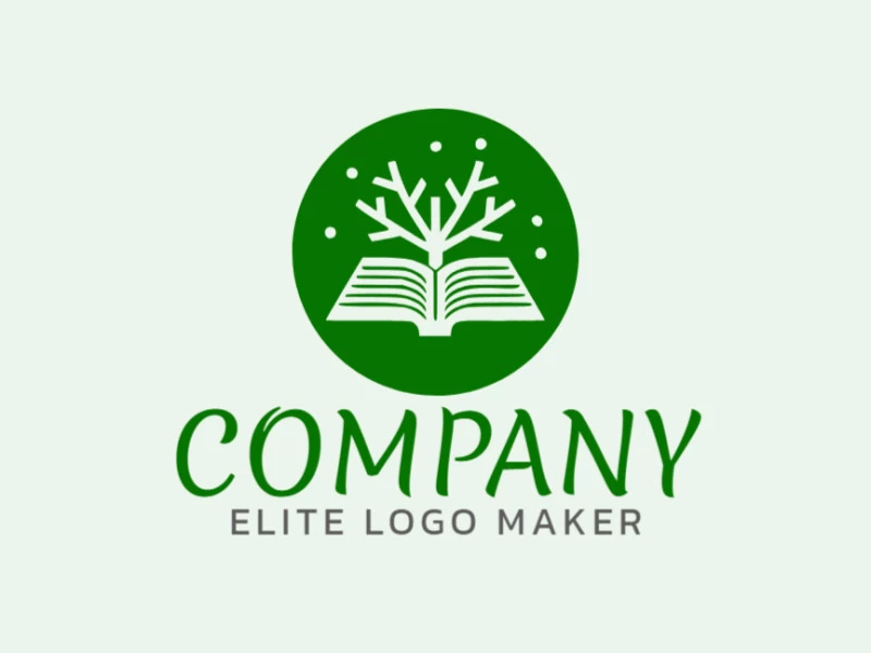 Crea un logotipo vectorizado que presente un diseño contemporáneo de un libro combinado con un árbol y estilo doble sentido, con un toque de sofisticación y color verde oscuro.