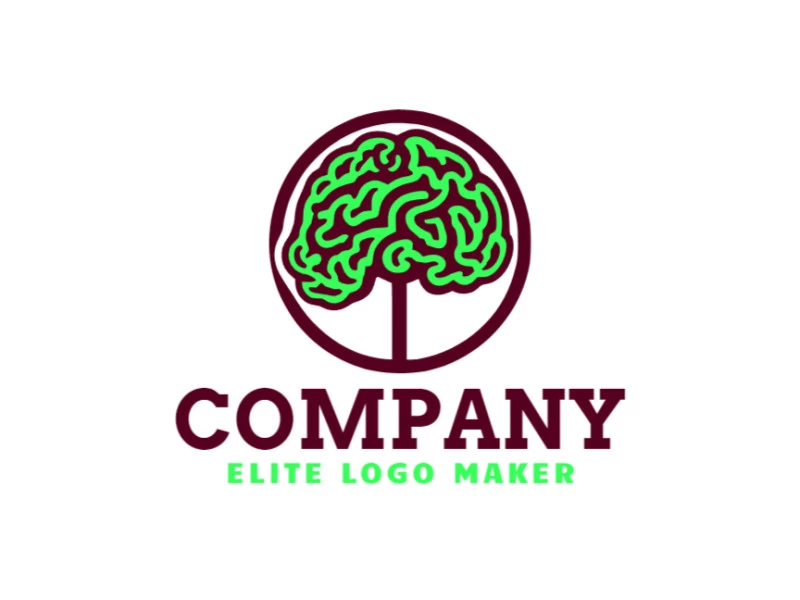 Crear un logotipo para su empresa en forma de un cerebro combinado con un árbol con estilo ilustrativo y colores verde y rojo oscuro.