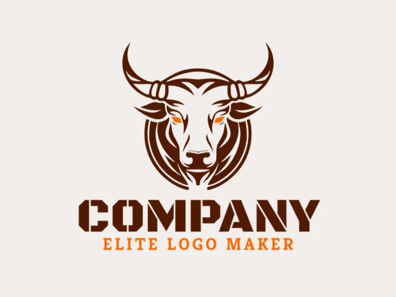 Logotipo disponible para venta en forma de una cabeza de toro con estilo simétrico y colores naranja y marrón oscuro.