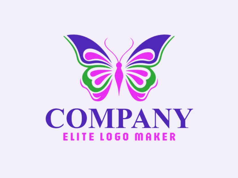 Logotipo listo para venta en forma de una mariposa con diseño creativo y colores verde, rosa, y azul oscuro.