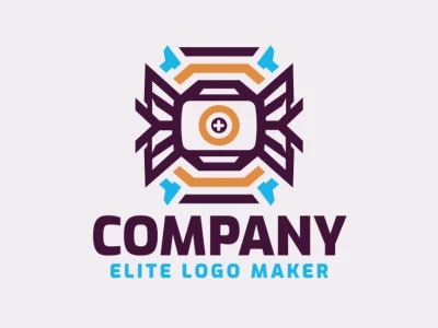 Logotipo creativo en forma de una cámara con un diseño memorable y un estilo abstracto, los colores utilizados son azul, marrón, y amarillo.