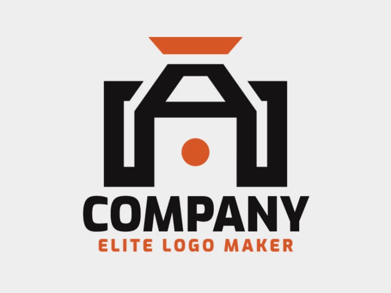 Logotipo creativo en forma de una cámara combinado con una caja con un diseño memorable y un estilo minimalista, los colores utilizados son negro y naranja.