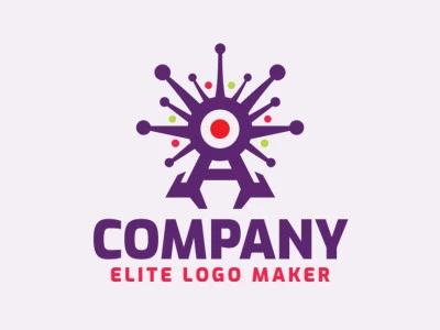 Cree un logotipo vectorial para su empresa en forma de una cámara combinado con un virus, los colores utilizados son verde, rojo, y violeta.