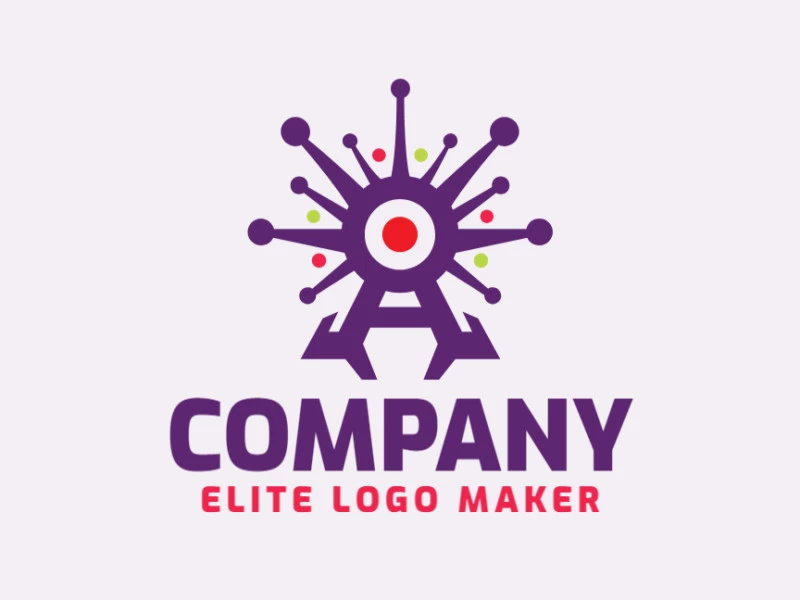 Cree un logotipo vectorial para su empresa en forma de una cámara combinado con un virus, los colores utilizados son verde, rojo, y violeta.