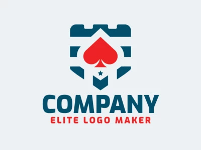 Logotipo vectorial en forma de un castillo combinado con un traje de picas, con diseño minimalista y colores azul y rojo.