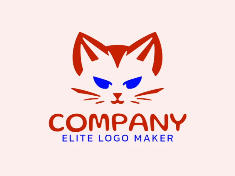 Logotipo personalizable en forma de una cabeza de gato compuesto por un estilo minimalista y colores azul y rojo.