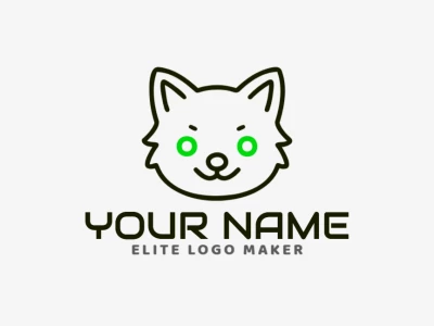 Un logotipo refinado de animal con la cabeza de un gato y un ojo verde llamativo, diseñado con formas elegantes y detalles sofisticados para una apariencia refinada.