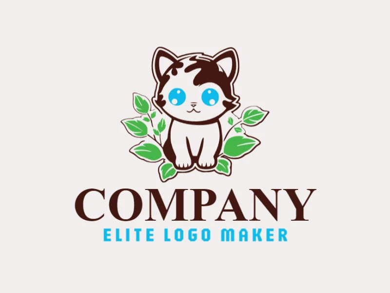 Logotipo con diseño creativo, formando un gato combinado con hojas, con estilo infantil y colores personalizables.