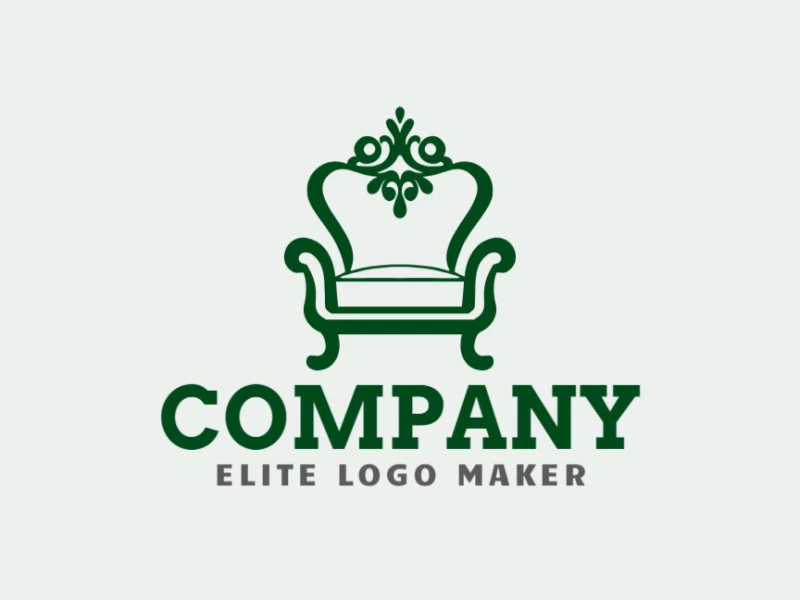 Un diseño de logotipo ornamental que presenta una elegante silla en un verde oscuro y rico, irradiando sofisticación y comodidad.