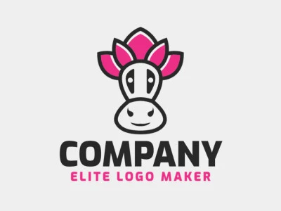 Logotipo personalizable en forma de una vaca combinado con flores compuesto por un estilo abstracto y colores rosa y negro.