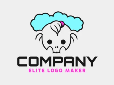 El logotipo presenta un estilo creativo con una calavera y una nube en tonos de azul, negro y rosa. Muestra una sensación de innovación, imaginación y un toque de oscuridad.