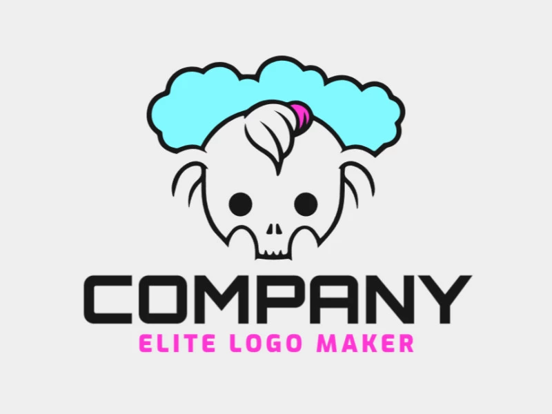 El logotipo presenta un estilo creativo con una calavera y una nube en tonos de azul, negro y rosa. Muestra una sensación de innovación, imaginación y un toque de oscuridad.