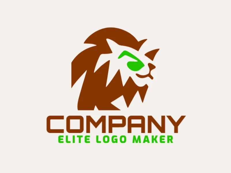 Logotipo listo para venta en forma de un león loco con diseño infantil y colores verde y marrón.