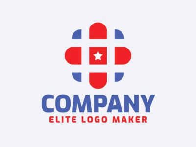 Crear un logotipo para su empresa en forma de una cruz combinado con una estrella, con estilo simple y colores azul y rojo.