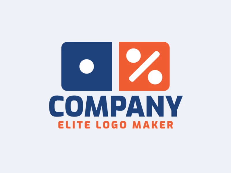 Logotipo simple con formas sólidas que forman un dominó combinado con un signo de porcentaje con un diseño refinado y con colores azul y naranja.