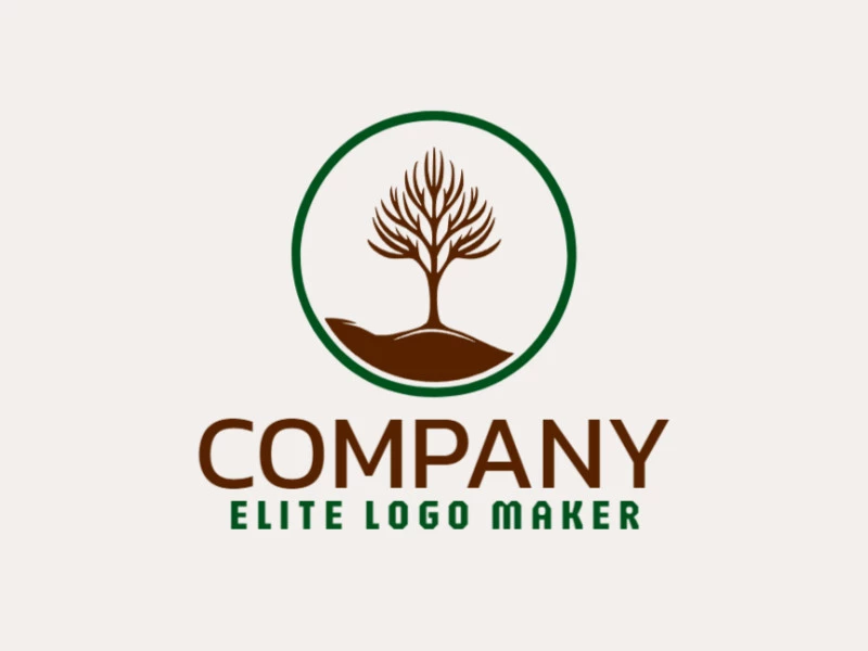 Logotipo de vector en forma de un árbol seco con estilo minimalista y colores marrón oscuro y verde oscuro.