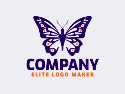 Logotipo listo para venta en forma de una mariposa elegante con diseño hecho a mano y colores naranja y azul oscuro.