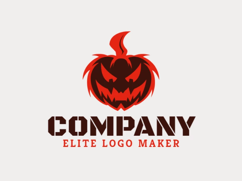 Logotipo creativo en forma de una calabaza diabolica con un diseño memorable y un estilo abstracto, los colores utilizados son rojo y marrón oscuro.